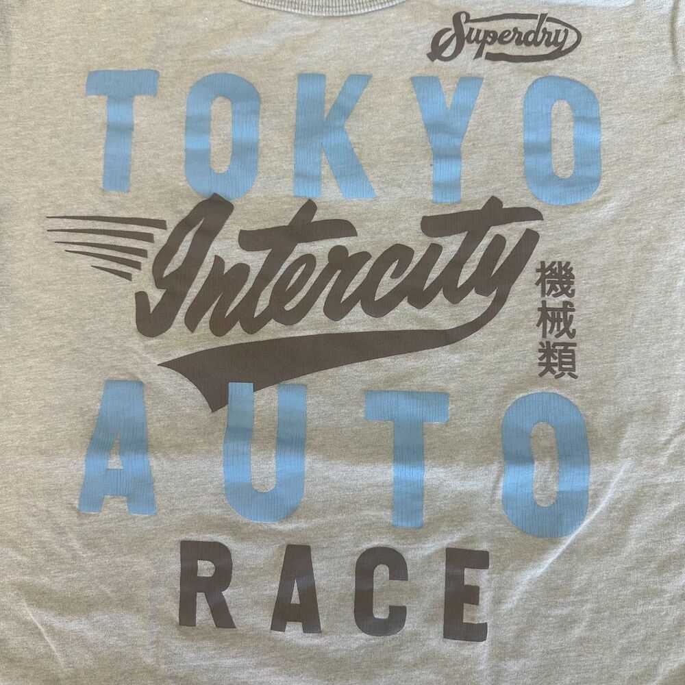 Vintage SUPERDRY Black Label Tokyo Auto Race T-Shirt XXL JAPAN (L US) Blue Slim